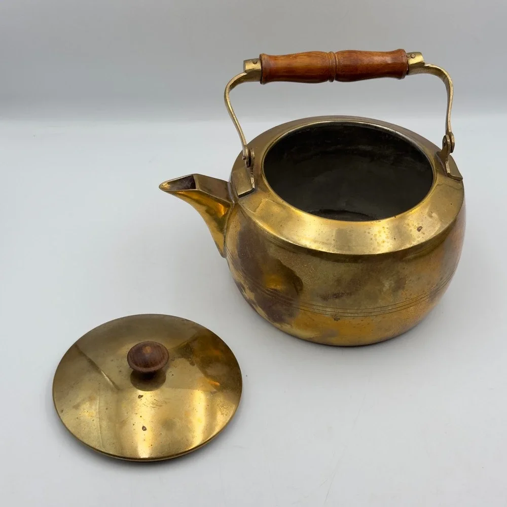 Vintage Solid Brass Decorative Tea Kettle Wood Handle Handmade India Patina 8in